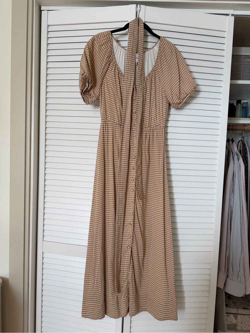 NWOT Reformation Beige Gingham Maxi Dress with Tie Neck
